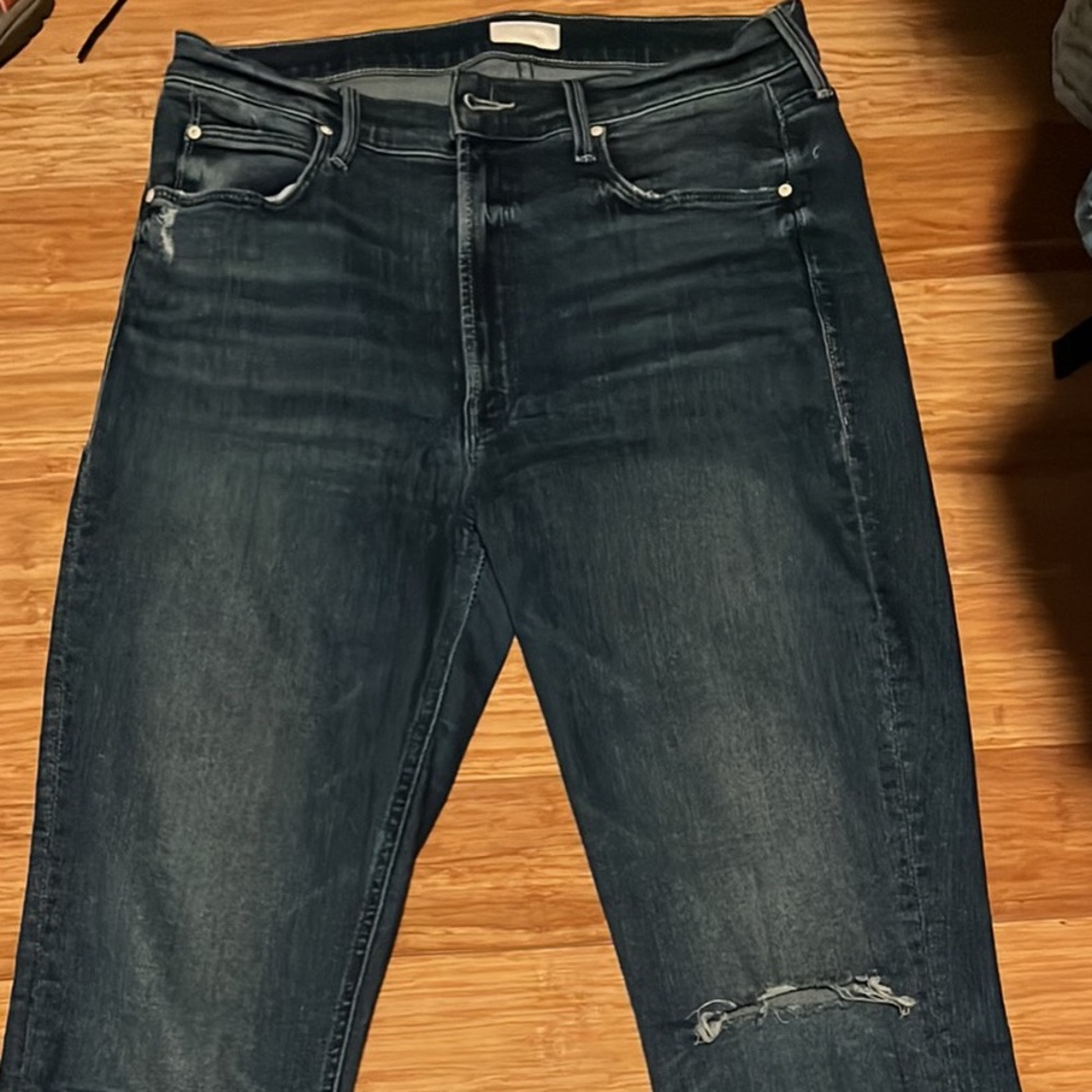 MOTHER Womens Straight Jeans in Washed Black with Knee Distress